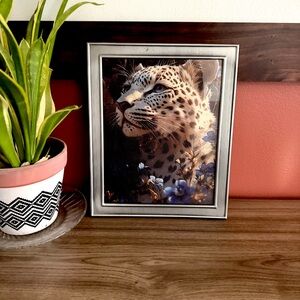 Leopard Blue Floral Animal Big Cat Canvas Art Print Silver Metal Framed Wall Art